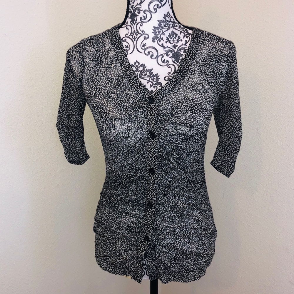 CAbi Sheer Black and White Printed Button Down Top